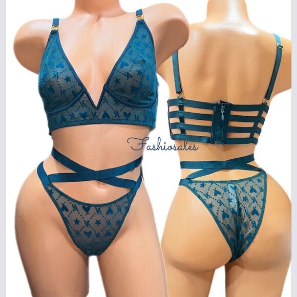 Victoria’s Secret LUXE Set Very Sexy Strappy Bra & Brazilian Slip Mesh Velvet XL - Picture 5 of 8